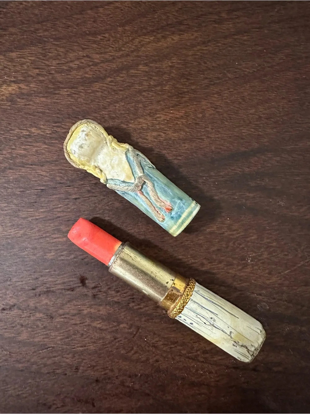 Vintage 1960s Mexican Paper Mache Doll Lipstick Holder Case LF Mid Century Folk